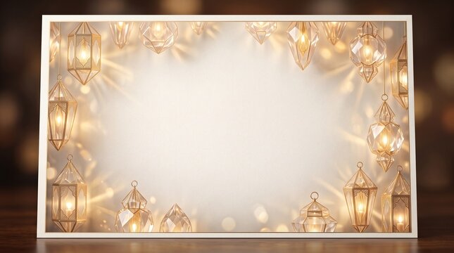 Golden Ramadan lanterns border on white card, elegant Islamic greeting background, glowing festive fanous frame for Eid invitations