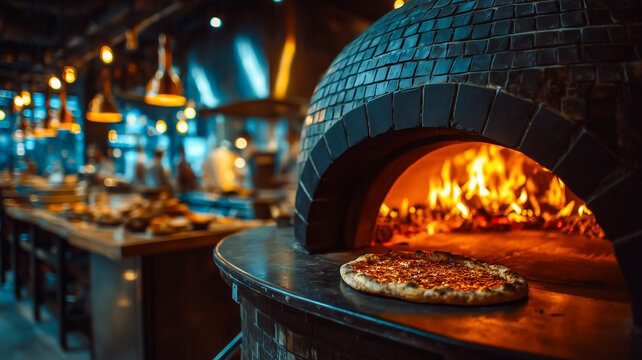 Fresh Pizza Baking Inside A Traditional Wood Fired Brick Oven Within A Bustling Restaurant Kitchen