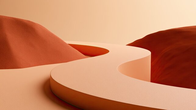 A smooth, winding road of muted peach curves through abstract, sandy red dunes