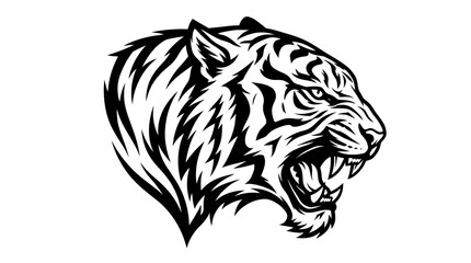 Fototapeta premium Bold black‑and‑white illustration of a roaring tiger head, emphasizing strength, power, and wild elegance through sharp line art.