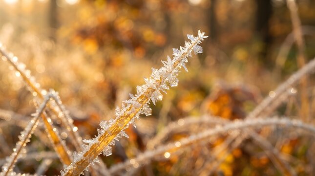 Frost-covered grass with autumn leaves highlighting winter transition
