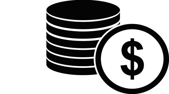 Black‑and‑white icon showing stacked coins beside a dollar symbol, representing wealth, savings, and financial growth in minimalist design.