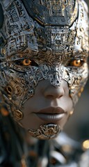 Obraz premium Futuristic cybernetic face with glowing golden eyes and intricate metallic details