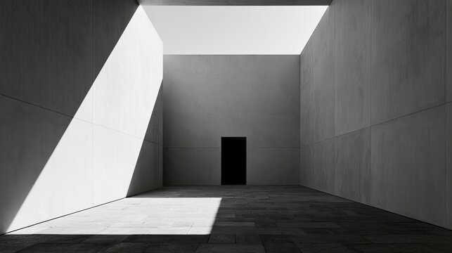 Stark, minimalist space with dramatic light and shadow, and a dark doorway