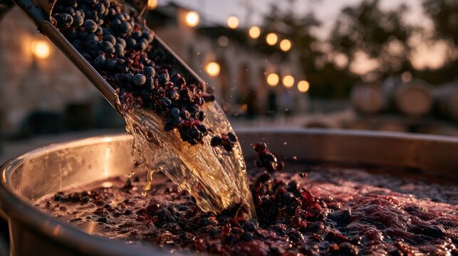Fresh grapes cascade into vat, initiating robust fermentation process