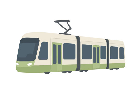 Modern tram illustration vector icon featuring a sleek passenger light rail vehicle with large windows, green and cream livery, and overhead pantograph for electric city public transportation