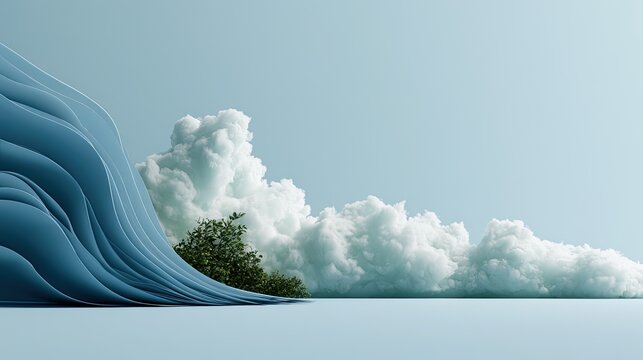 Ethereal landscape of flowing blue waves meeting fluffy white clouds