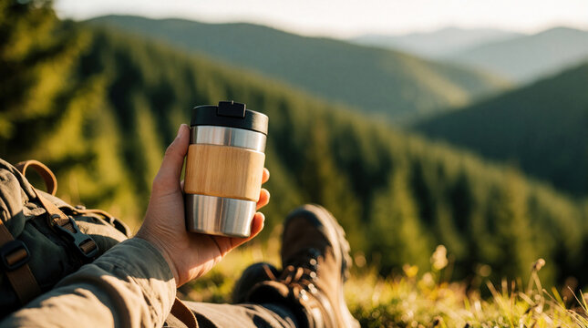Man holds reusable thermos cup enjoying scenic mountain view on hike. Traveler rests with hot drink, appreciating nature and sustainable living outdoors.