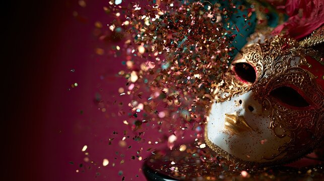 Ornate mask with gold accents erupts with sparkling confetti on a deep magenta backdrop