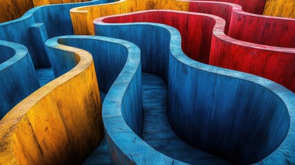 Obraz premium Abstract colorful wooden maze with wavy structures in vibrant blue, red, and yellow hues, modern artistic design, for architecture and creative concepts