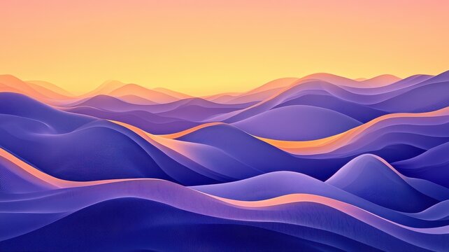 Digital abstract landscape of smooth purple and pink flowing hills with a warm gradient sky in the background, modern and artistic concept for creative, technology, or fantasy them