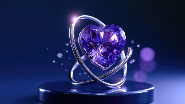 A sparkling heart-shaped gemstone orbits a metallic ring on a display