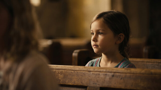 Attentive innocent child sitting in church pew listening during worship showing faith religion and spirituality.