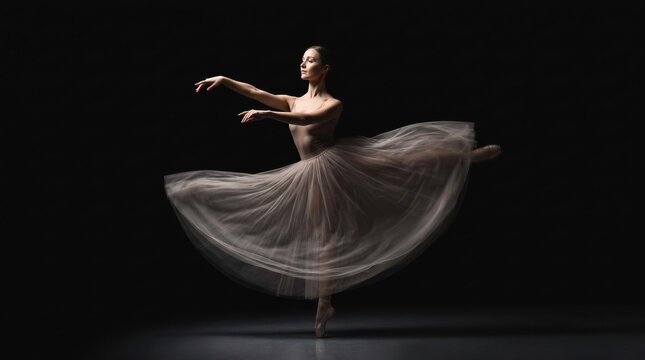 Ballerina dancer dancing ballet with grace and elegance in motion wearing tutu and pointe shoes for performance.