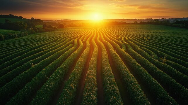 Aerial view of lush green agricultural fields at sunset, with organized rows of crops and vibrant orange sky, ideal for farming, agriculture, and rural industry themes