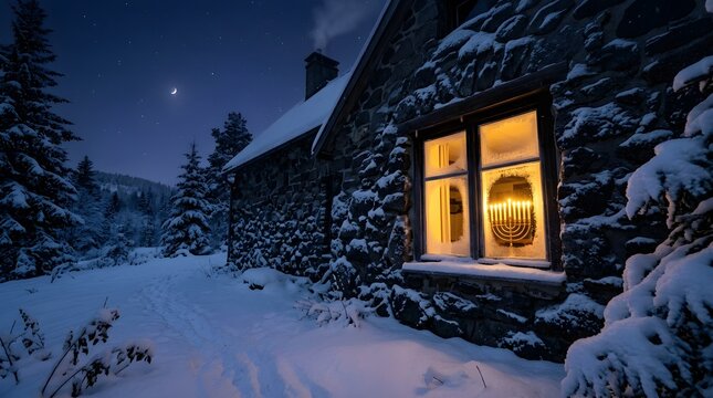 Snowy Cabin View with Warm Light in Remote Winter Forest