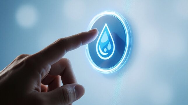 Human finger touches digital water drop icon on glowing blue smart screen. Person interacts with liquid control interface to manage water supply hygiene system. Modern touch sensor button activates