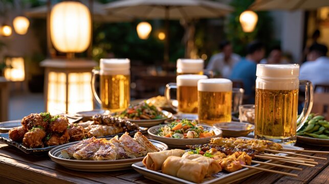 glass of beer and snacks in the garden