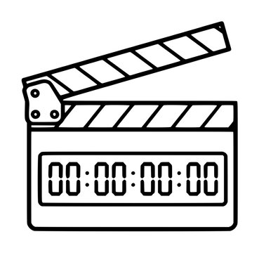 Hand-traced vector illustration of a classic film clapperboard with open hinged stick and digital timecode display showing zeros, isolated line art icon for cinema and broadcasting projects