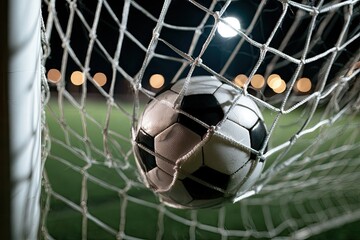 Fototapeta premium Soccer ball scoring a goal in the net, lit by stadium lights