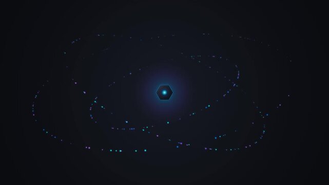 Abstract digital particle formation creating an elliptical orbital structure with subtle blue, cyan and violet highlights on a dark futuristic background.