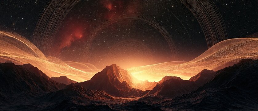 Alien landscape with fiery sky and ringed planet overhead