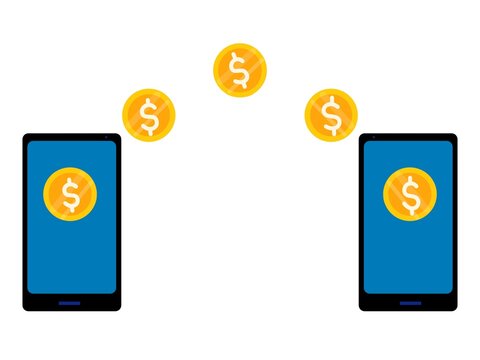 Fast money transfer concept showing gold currency moving between two smartphones, representing digital payments, mobile banking, financial transactions, and convenient electronic transfers.