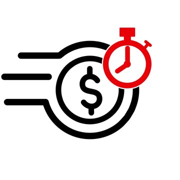 Fast money transfer icon featuring a currency symbol and stopwatch, representing quick financial transactions, instant payment, speed, and efficient banking services.