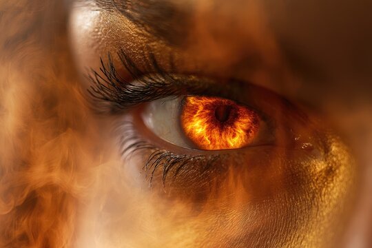 Intense close-up of a human eye with a fiery iris surrounded by smoke
