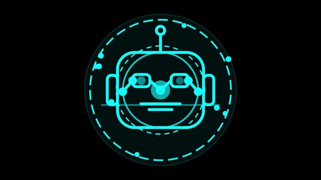 Futuristic artificial intelligence chatbot icon with glowing cyan neon HUD interface and digital robot head for high tech video motion