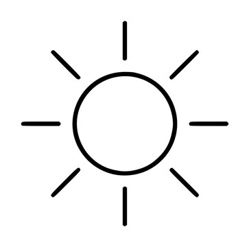 Hand-drawn sun vector icon illustration featuring a radiant circular sun with eight evenly spaced rays, simple line art style, black outline on white background, perfect for weather apps and sunny