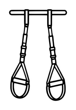 Black and white hand-traced vector icon illustration of a suspension trainer with sturdy handles and adjustable straps hanging from a horizontal bar for bodyweight workouts