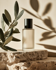 Fototapeta premium Frosted glass serum bottle black cap natural stone olive branch sunlight minimal luxury skincare organic elegant soft shadow