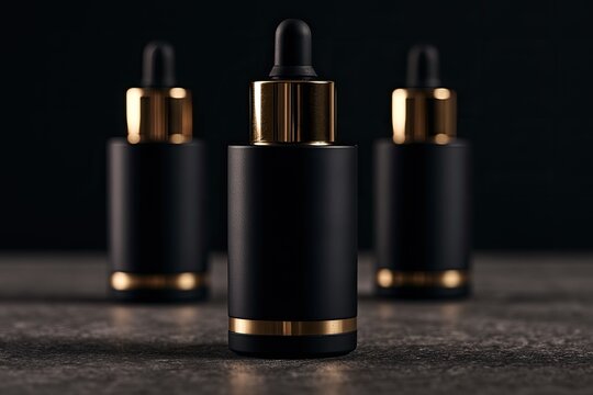 Elegant black cosmetic serum bottles with gold accents, studio shot