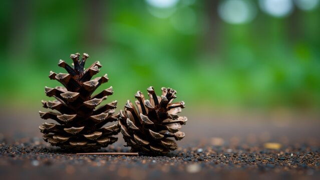 Close-up of two pinecones on dark soil with blurred green background, natural textures, eco-friendly, environmental concept, wildlife, detailed organic elements, outdoor nature sce