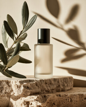 Frosted glass serum bottle black cap natural stone olive branch sunlight minimal luxury skincare organic elegant soft shadow