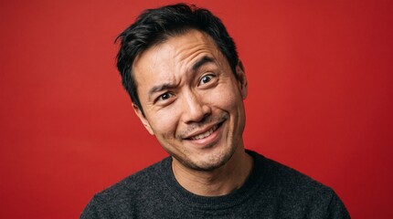 Fototapeta premium Asian man giving a skeptical smirking face with raised eyebrow isolated on a solid red studio background