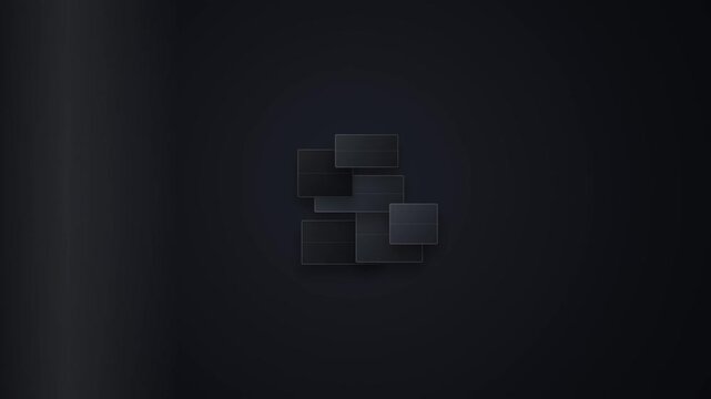 Abstract motion graphic featuring multiple dark translucent geometric blocks floating and moving through a deep atmospheric space with subtle lighting.