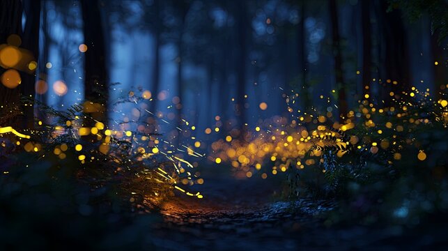 Glowing fireflies illuminating a shadowy summer forest at night, creating an enchanting natural ambiance with realistic light effects and a cinematic atmospheric composition.	