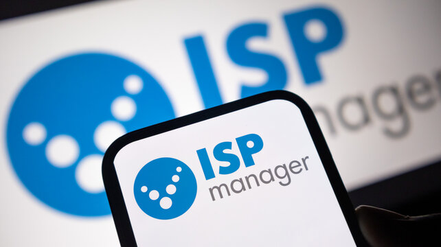 ISPmanager logo presented on a smartphone screen with blue and white abstract graphic for web hosting control panel branding.