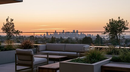 Fototapeta premium Elegant rooftop terrace with city skyline at sunset, modern furnishings