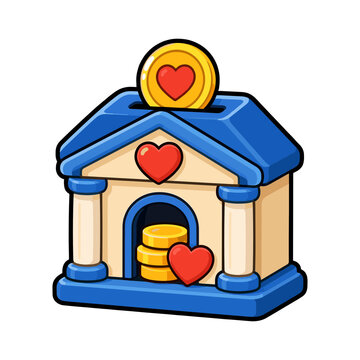Community bank building with heart symbol and coin representing charitable finance savings and financial support