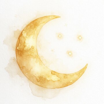 Golden crescent moon and three stars painted with soft watercolor texture on white background. Gentle celestial art for calm, sleepy, or dreamy concepts.