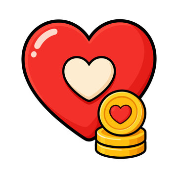 Red heart with donation coin symbol representing charitable giving financial support and compassionate care