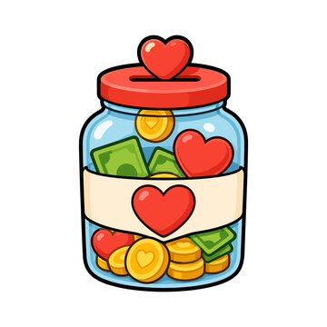 Donation jar filled with money and heart symbols for charity fundraising savings and community support