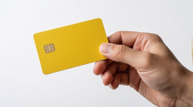Hand grips yellow credit card against stark white setting. Focus on sleek plastic card featuring embedded microchip at lower left corner. Personal finance transaction highlighted. Digital commerce