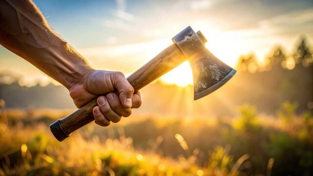 Hand holding axe with sunset background, golden light flares