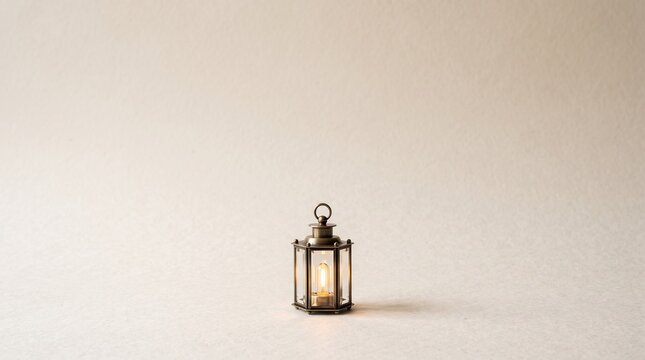 Vintage brass lantern with glowing candle, antique metal lamp on beige background, rustic decorative lighting for cozy atmosphere