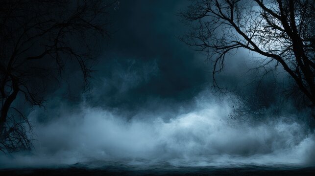 Eerie, misty night scene with silhouetted trees and dramatic, dark clouds