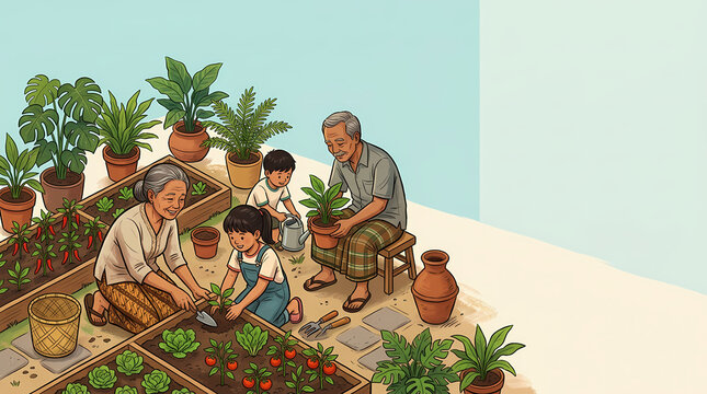 A heartwarming scene of a multi-generational family tending to their lush garden, sharing the joy of planting and nurturing life amidst vibrant greenery.
